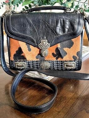 E Collection Animal Print Shoulder Bag in Black & Orange